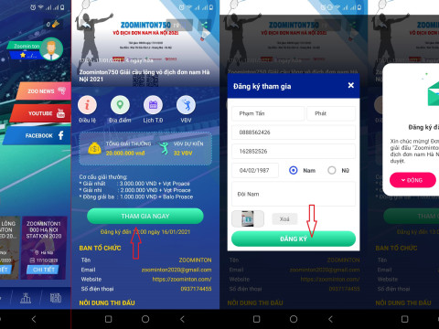 Phương thức đăng kí tham gia giải đấu và các thông báo của hệ thống App Zoominton mà các VĐV chưa hiểu