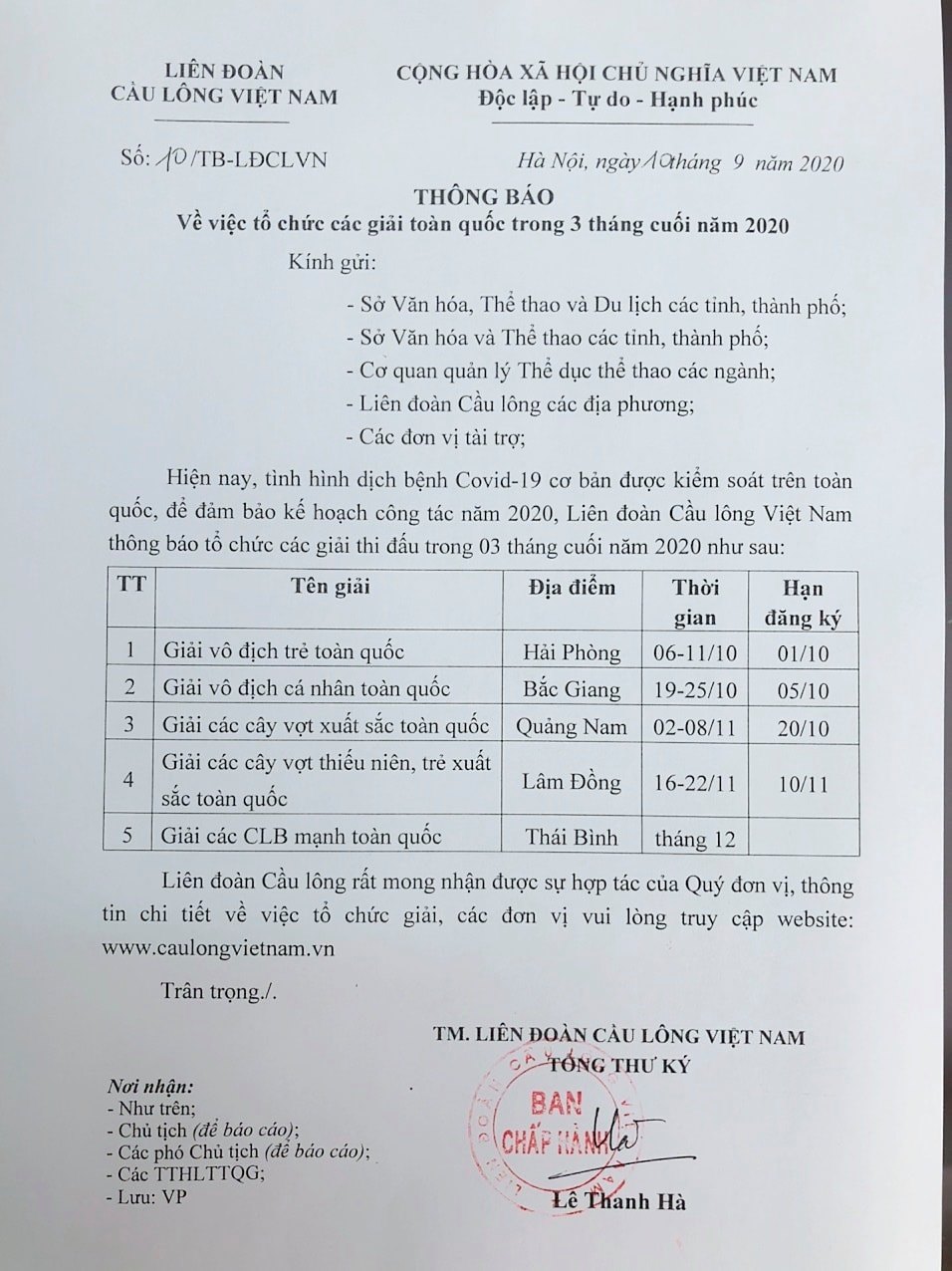 Thông báo tổ chức lại các giải cầu lông toàn quốc