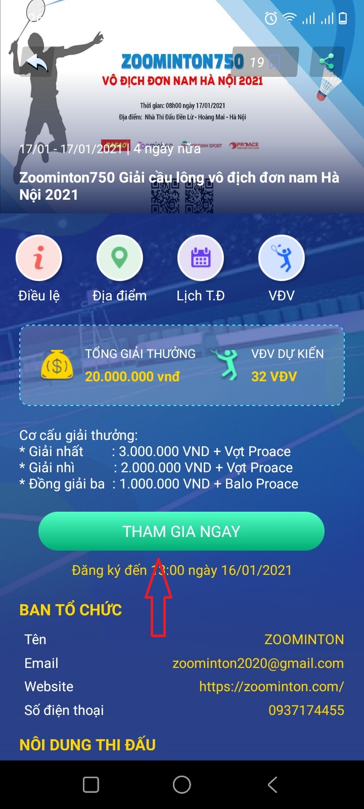 Đăng kí tham gia giải đấu 1