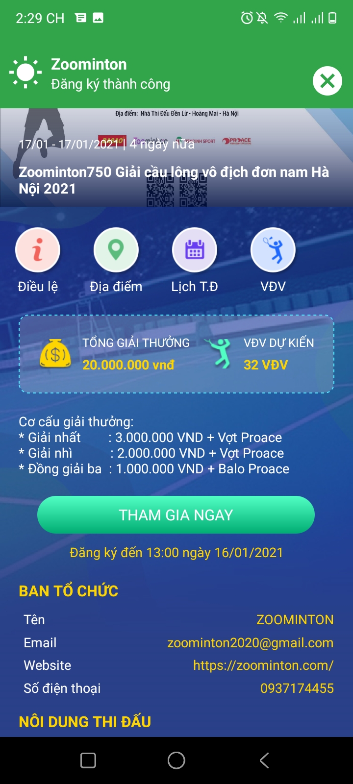 Đăng kí tham gia giải đấu 6