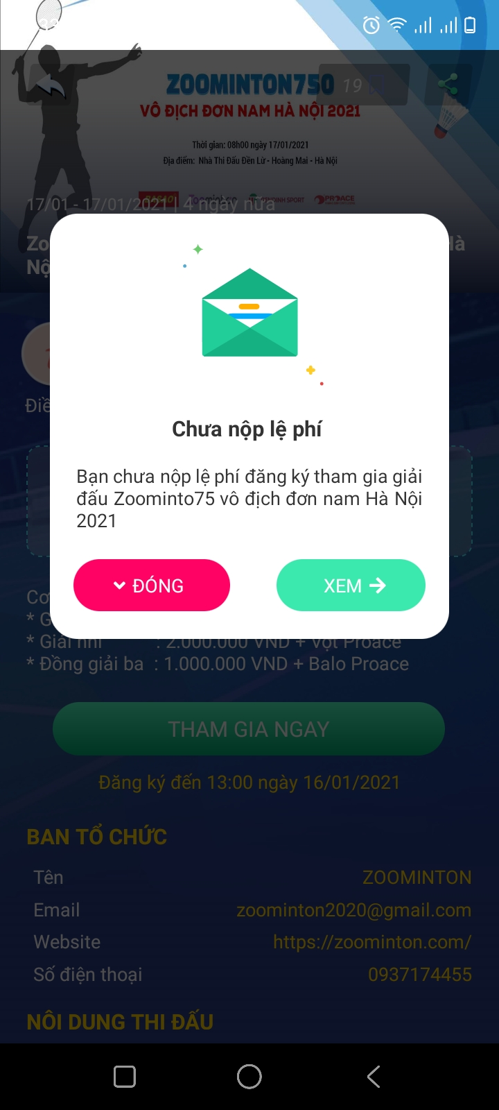 Đăng kí tham gia giải đấu 