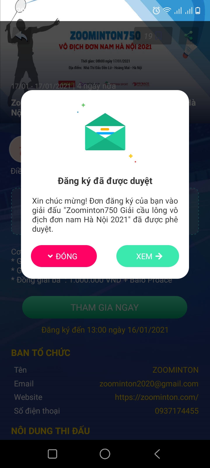 Đăng kí giải đấu