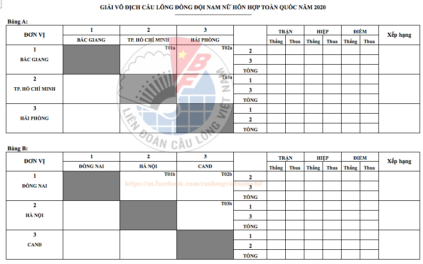 Lịch đấu bảng giải vo địch cầu lông đồng đội nam nữ 2020